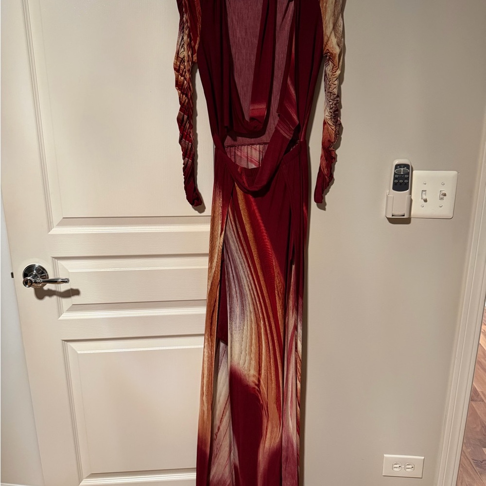 Fashion Nova Red and Brown Long Sleeve Dress